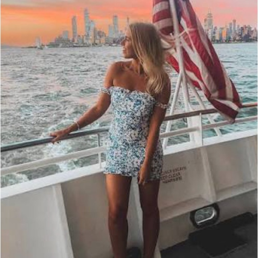 LAURA JADE BLUE FLORAL BARDOT FRILL MINI DRESS D18